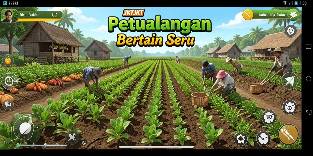 Tampilan gameplay JKTJKT dengan kebun yang indah dan berwarna.