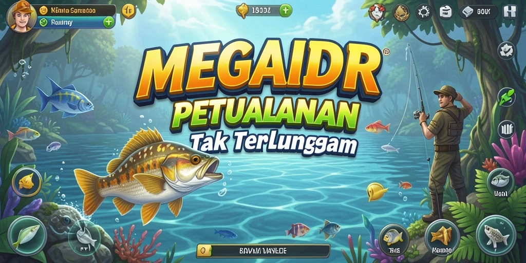 Screenshot gameplay MEGAIDR yang menampilkan aksi memancing di lokasi indah.
